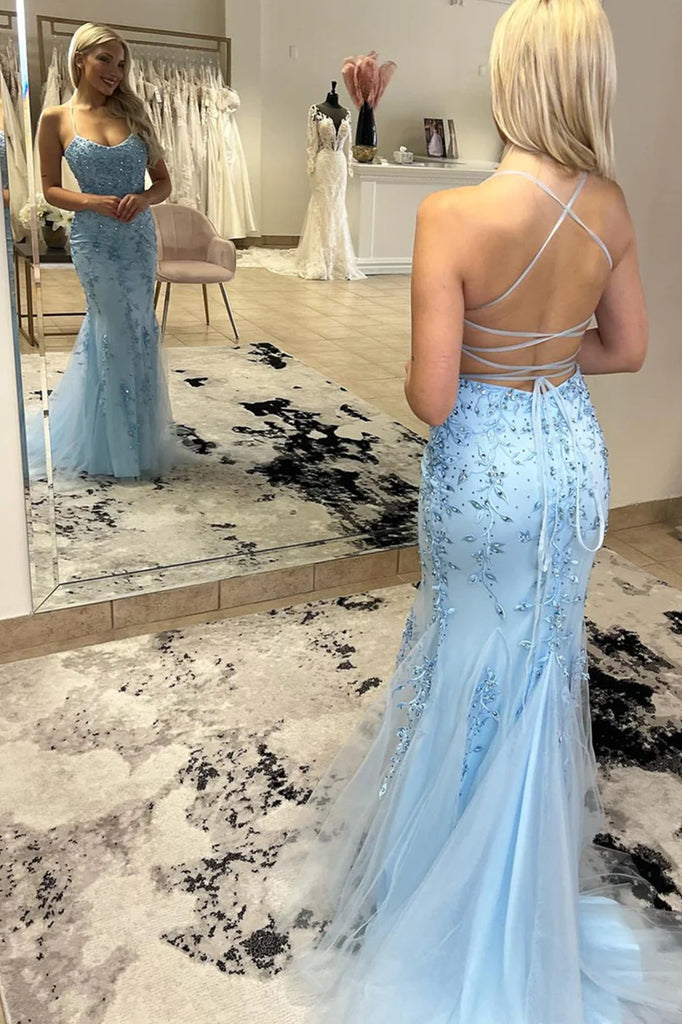 A Line Blue Lace Prom Dress, Mermaid Long Formal Evening Dress