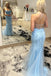 A Line Blue Lace Prom Dress, Mermaid Long Formal Evening Dress
