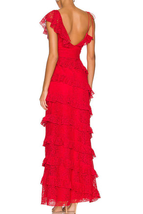 Pretty Red Lace Sleeveless Long Prom Formal Dress With Layers