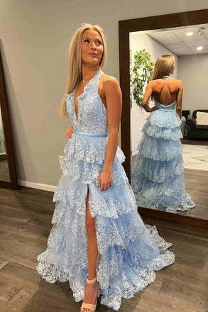 Sequined Light Blue Halter Long Prom Dress With Ruffle Appliques