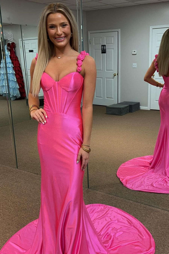 Straps Red Satin Mermaid Long Prom Dress With 3D Flowers