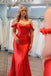 Straps Red Satin Mermaid Long Prom Dress With 3D Flowers