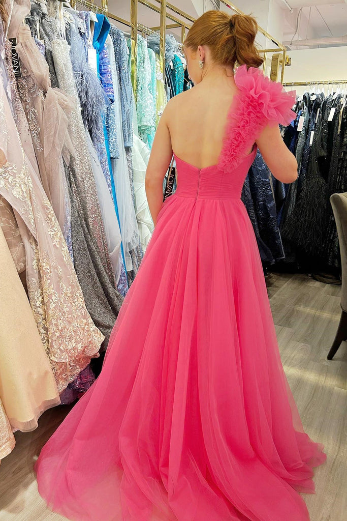 A Line Hot Pink One Shoulder Long Prom Dress With Pleated