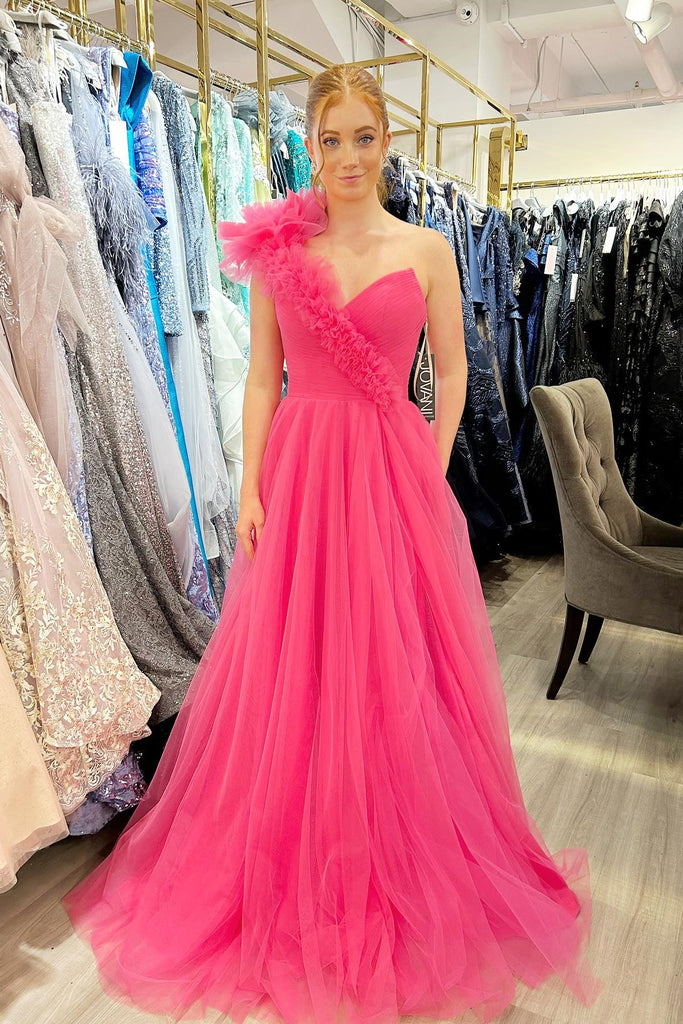 A Line Hot Pink One Shoulder Long Prom Dress With Pleated DressTok.co.uk A Line Hot Pink One Shoulder Long Prom Dress With Pleated DressTok.co.uk