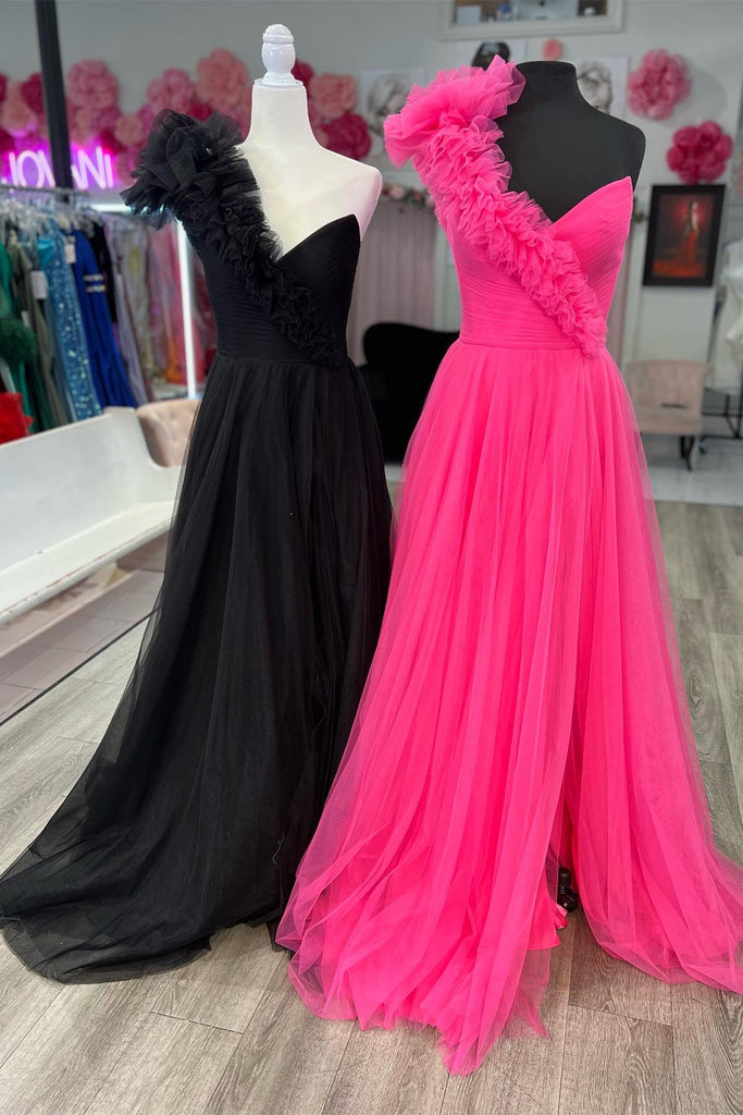 A Line Hot Pink One Shoulder Long Prom Dress With Pleated