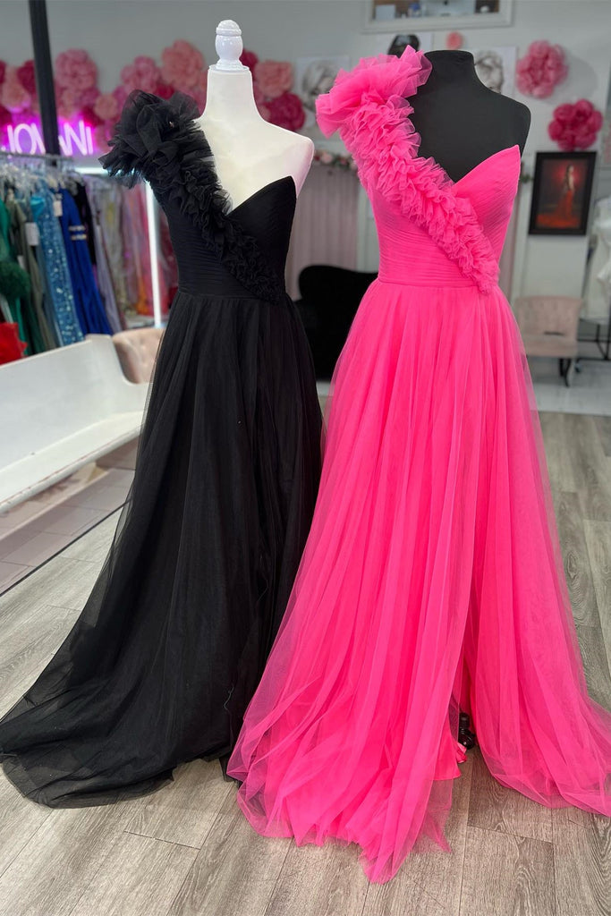 A Line Hot Pink One Shoulder Long Prom Dress With Pleated DressTok.co.uk A Line Hot Pink One Shoulder Long Prom Dress With Pleated DressTok.co.uk