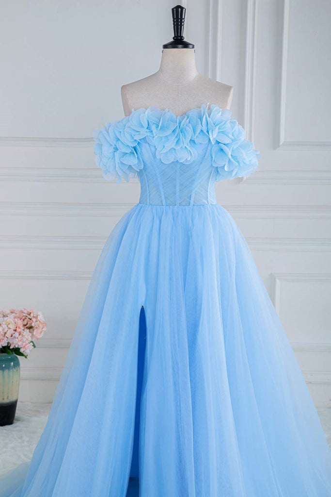 A-Line Blue Off the Shoulder Tulle Long Prom Dress With Flower