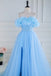 A-Line Blue Off the Shoulder Tulle Long Prom Dress With Flower