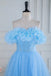 A-Line Blue Off the Shoulder Tulle Long Prom Dress With Flower