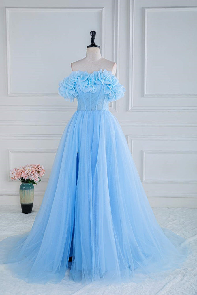 A-Line Blue Off the Shoulder Tulle Long Prom Dress With Flower