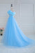 A-Line Blue Off the Shoulder Tulle Long Prom Dress With Flower
