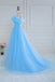 A-Line Blue Off the Shoulder Tulle Long Prom Dress With Flower