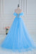 A-Line Blue Off the Shoulder Tulle Long Prom Dress With Flower