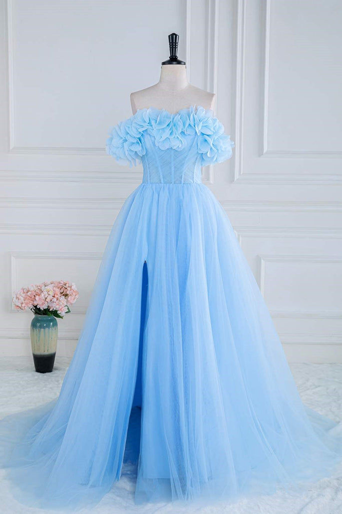 A-Line Blue Off the Shoulder Tulle Long Prom Dress With Flower