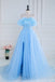 A-Line Blue Off the Shoulder Tulle Long Prom Dress With Flower