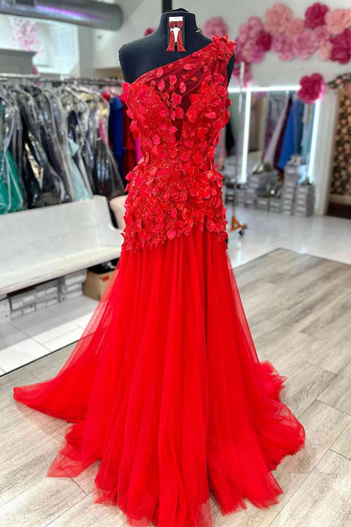 One Shoulder Red Mermaid Long Prom Dress With Leaf Appliques