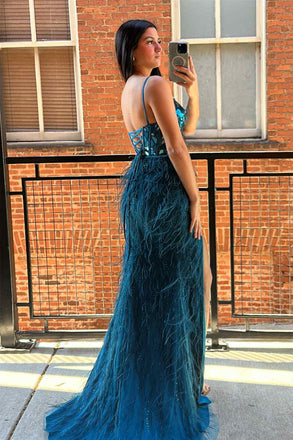 Straps Teal Sleeveless Mirror Sequin Feathers Prom Dress With Slit