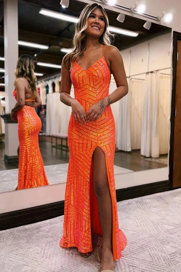 Spaghetti Straps Mermaid Long Dress With Split, Sequin Formal Evening Dress