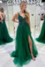 V-Neck Beaded Sequin Tulle Slit Hunter Green Long Prom Dress