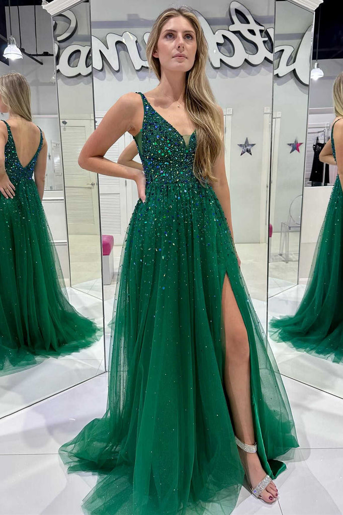 V-Neck Beaded Sequin Tulle Slit Hunter Green Long Prom Dress