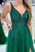 V-Neck Beaded Sequin Tulle Slit Hunter Green Long Prom Dress