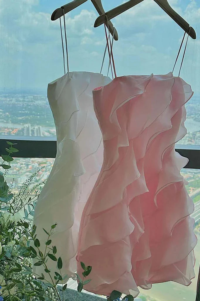 Sexy Spaghetti Straps Pink Short Homecoming Dress With Ruffles