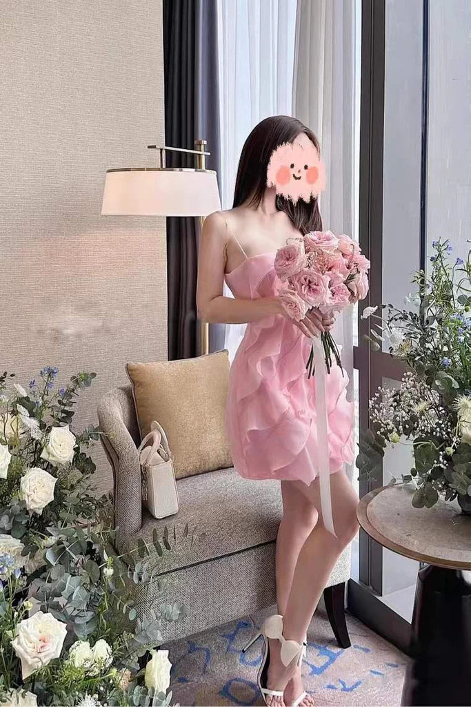 Sexy Spaghetti Straps Pink Short Homecoming Dress With Ruffles