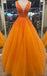 Straps Orange Tulle Long Prom Dress With Appliques, Orange Tulle Ball Gown