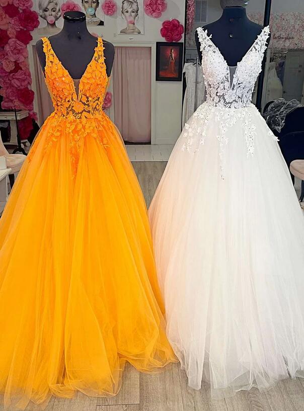 Straps Orange Tulle Long Prom Dress With Appliques, Orange Tulle Ball Gown