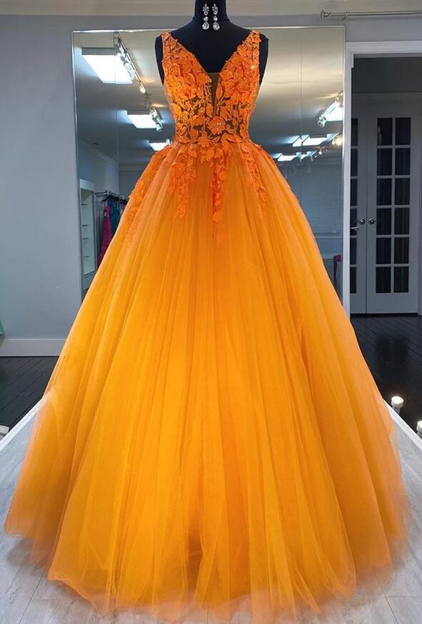 Straps Orange Tulle Long Prom Dress With Appliques, Orange Tulle Ball Gown