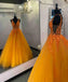 Straps Orange Tulle Long Prom Dress With Appliques, Orange Tulle Ball Gown