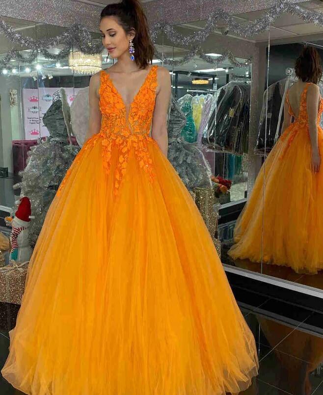 Straps Orange Tulle Long Prom Dress With Appliques, Orange Tulle Ball Gown