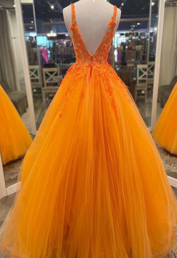 Straps Orange Tulle Long Prom Dress With Appliques, Orange Tulle Ball Gown