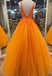 Straps Orange Tulle Long Prom Dress With Appliques, Orange Tulle Ball Gown