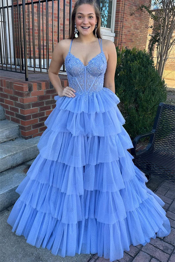 Double Straps Periwinkle Tulle Corset Long Prom Dress With Layered
