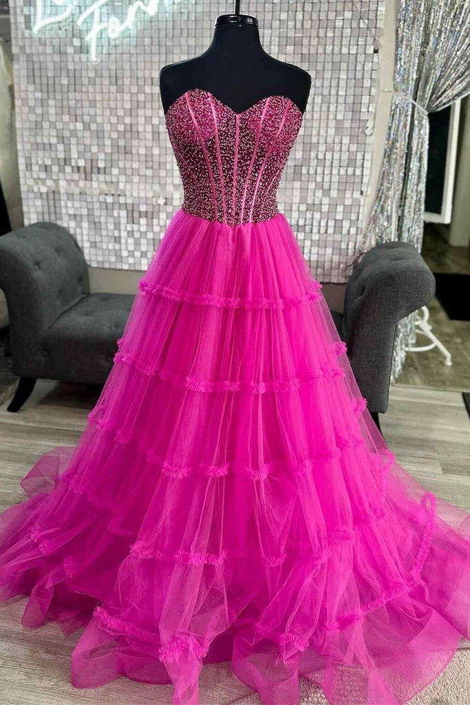 Sweetheart Fuchsia Ruffles Tulle Long Party Dress With Beaded