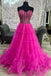 Sweetheart Fuchsia Ruffles Tulle Long Party Dress With Beaded