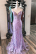 V Neck Lavender Mermaid Beading Long Prom Dress With Floral Appliques