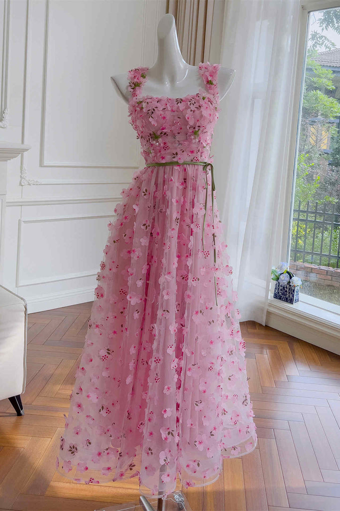 A-Line Princess Pink Straps Sash Long Prom Dress With Flowers