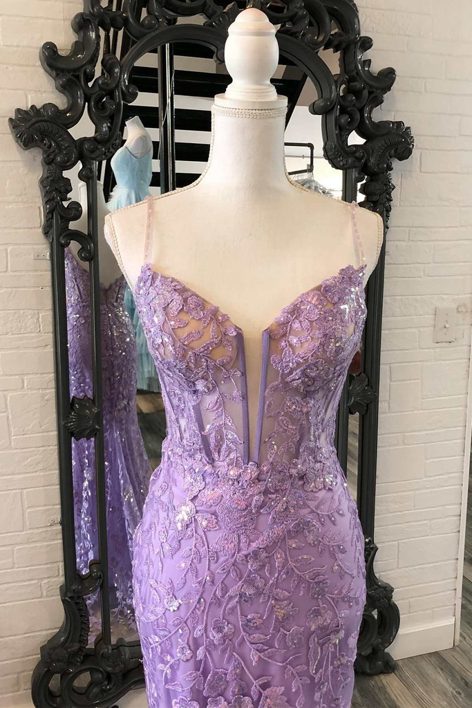 V Neck Lavender Mermaid Beading Long Prom Dress With Floral Appliques