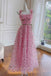 A-Line Princess Pink Straps Sash Long Prom Dress With Flowers