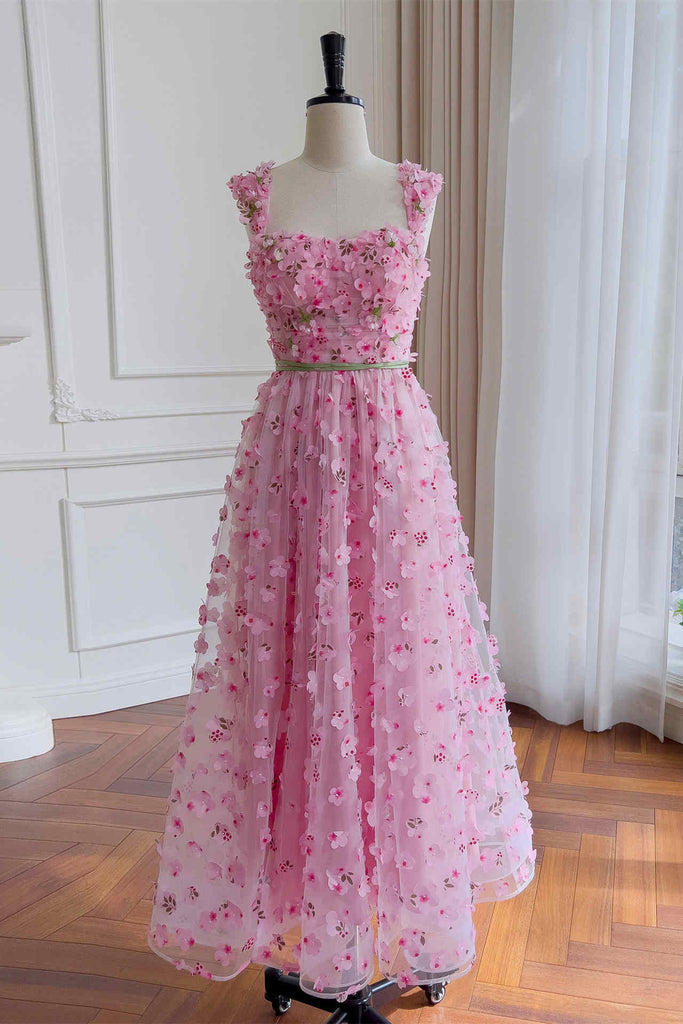 A-Line Princess Pink Straps Sash Long Prom Dress With Flowers