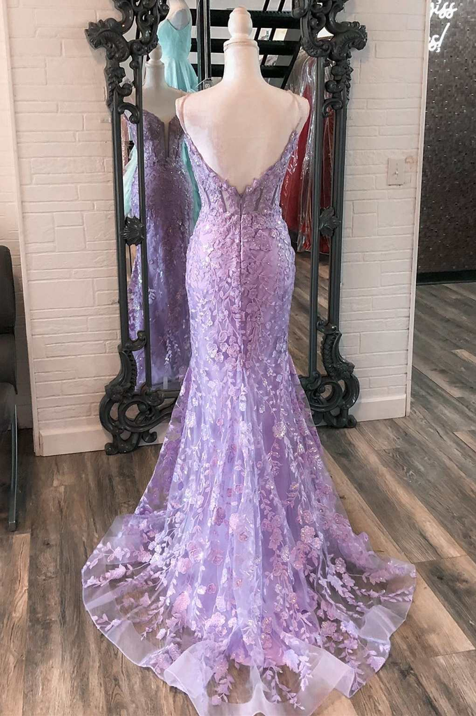 V Neck Lavender Mermaid Beading Long Prom Dress With Floral Appliques