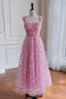 A-Line Princess Pink Straps Sash Long Prom Dress With Flowers