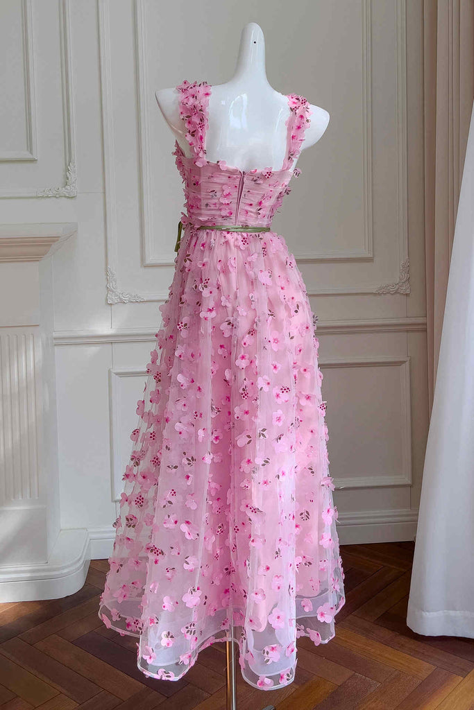 A-Line Princess Pink Straps Sash Long Prom Dress With Flowers