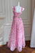 A-Line Princess Pink Straps Sash Long Prom Dress With Flowers