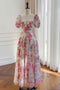 Classic Hot Pink Square Neck Tulle Long Prom Dress With Floral Embroidery