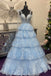 Long Party Dress With Layered, Tie Staps Light Blue Plunging Neck Prom Dress
