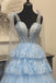 Long Party Dress With Layered, Tie Staps Light Blue Plunging Neck Prom Dress
