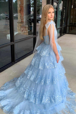 Long Party Dress With Layered, Tie Staps Light Blue Plunging Neck Prom Dress